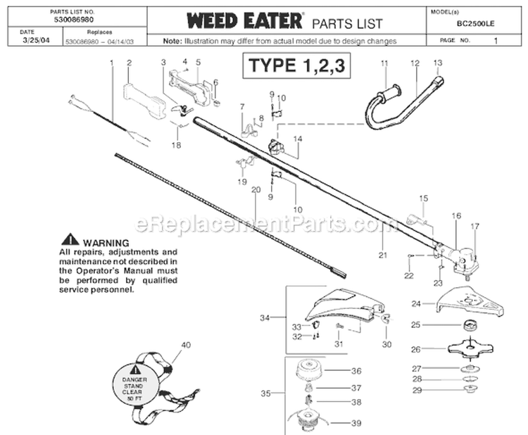 Page A Diagram and Parts List for BC2500LE Type 3 Weed Eater Trimmer